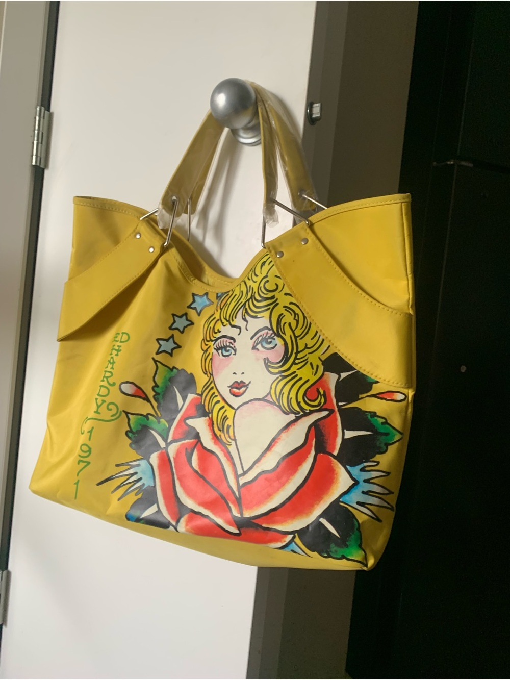 Ed Hardy Yellow Graphic Rose & Portrait Tote